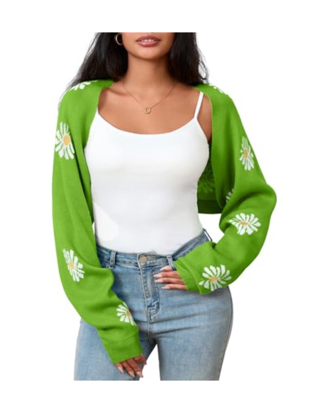 Women's Floral Open Front Knit Crop Cardigan Long Sleeve Shrug Bolero Sweater